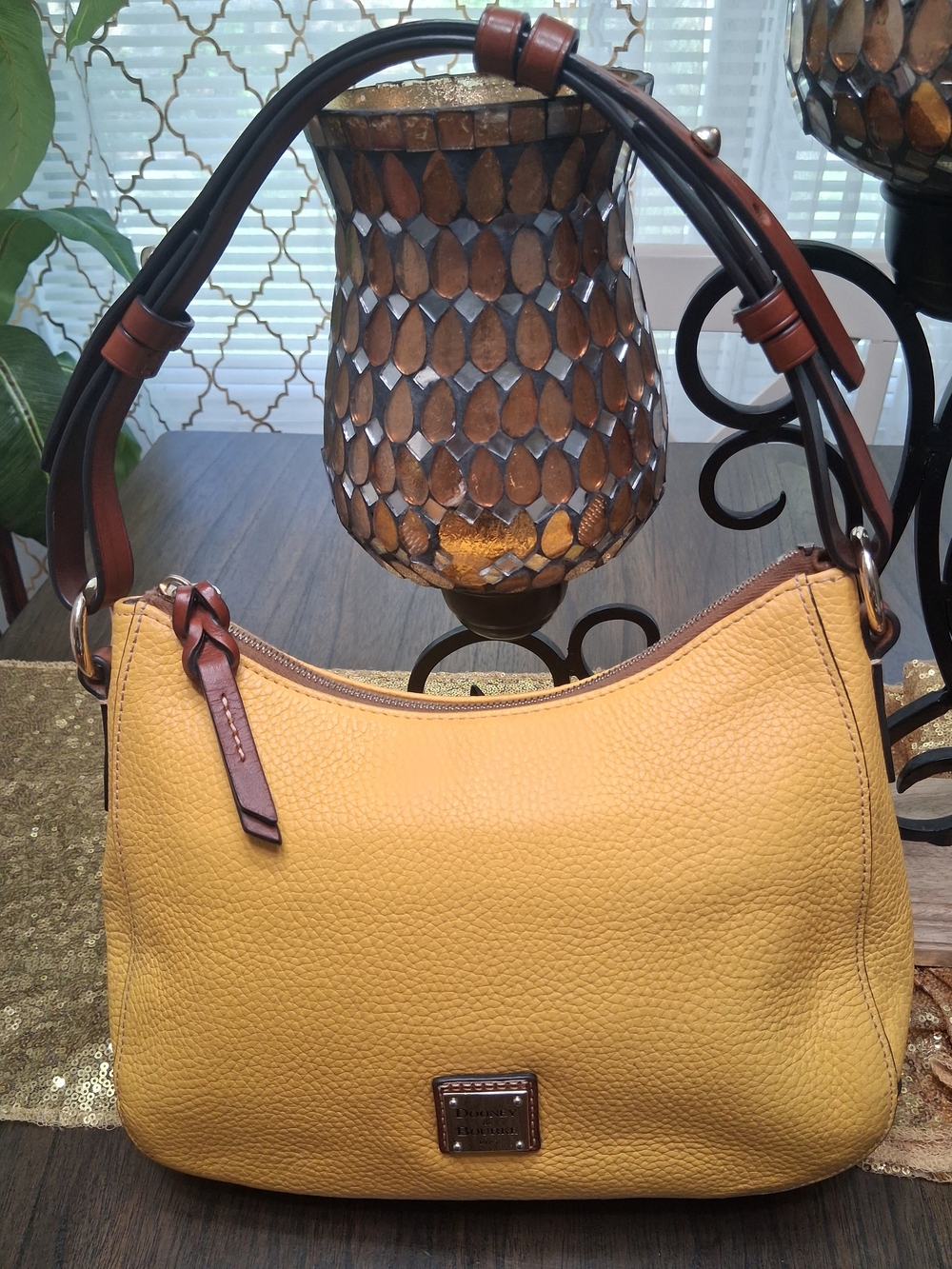 Dooney & Bourke Yellow Pebble Leather Shoulder Bag with Brown Trim